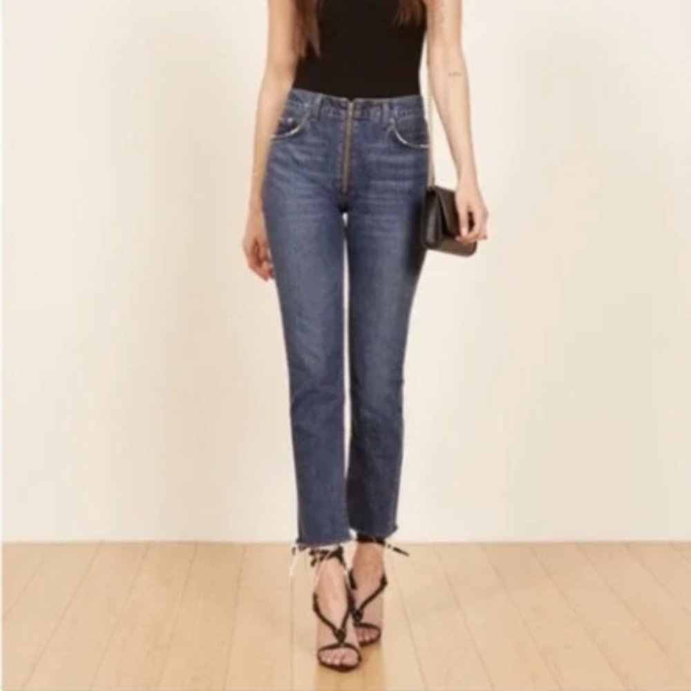 Reformation Brooke Zip Glacier Wash High Rise Skinny Blue Denim